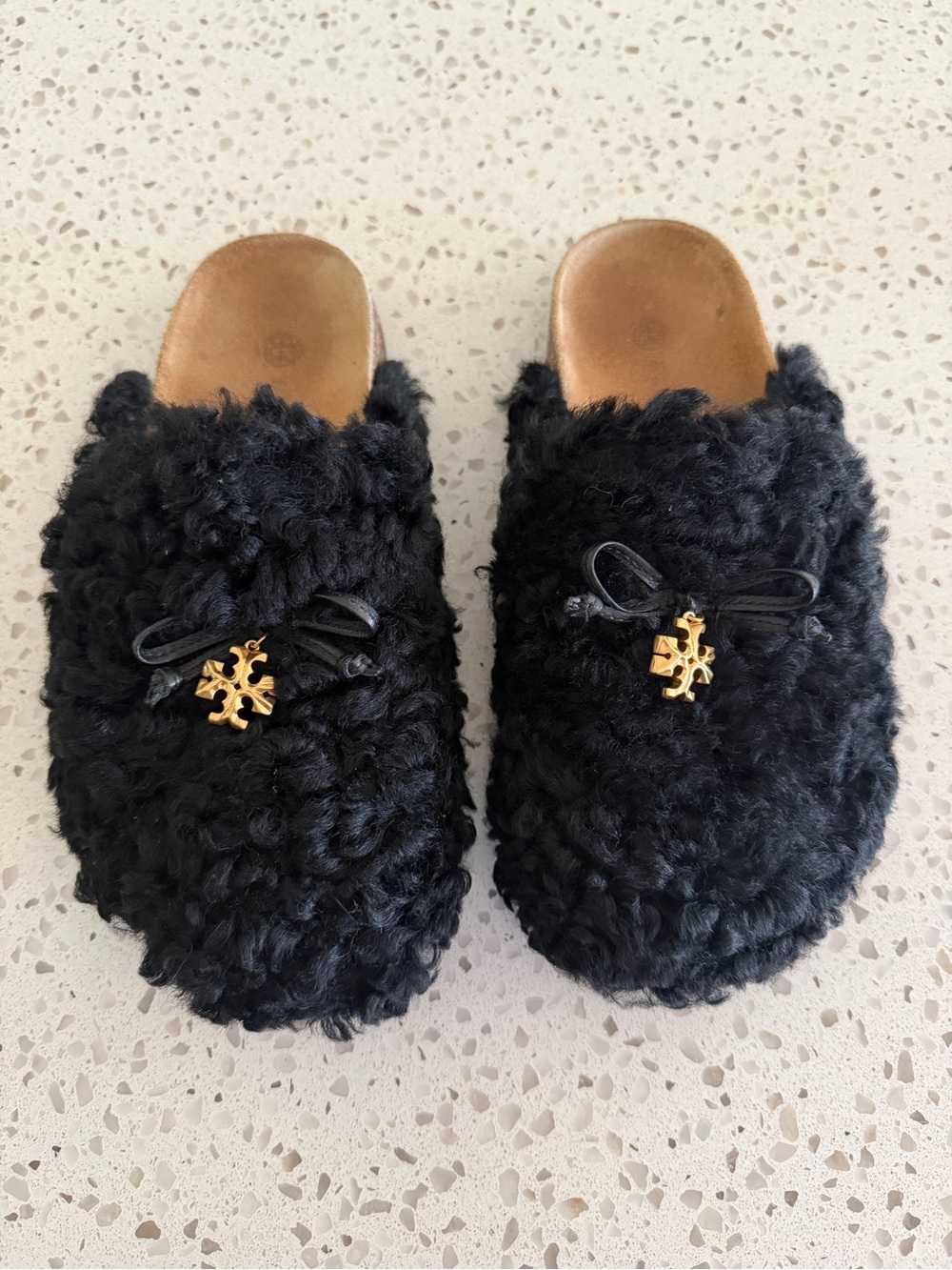 Tory Burch Women’s Black Faux-Shearling Slip-On Mules with Gold Logo